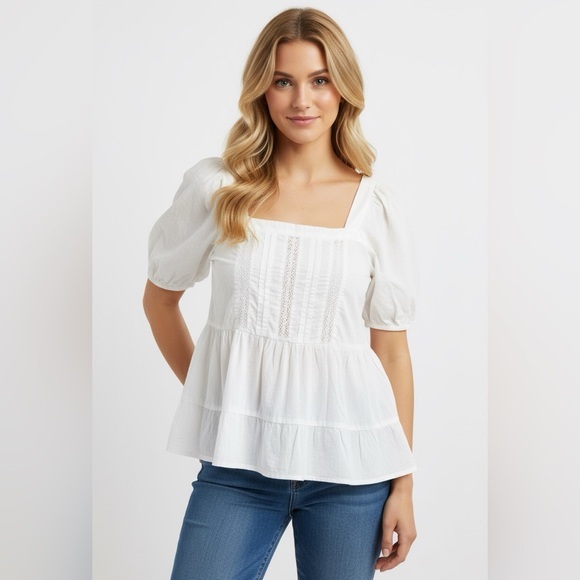 LOFT Tops - LOFT White Cotton Short Puff Sleeve Crochet Details Boho Peasant Tiered Top M